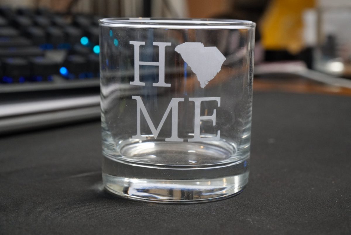 Etched rocks glass with a South Carolina HOME design
